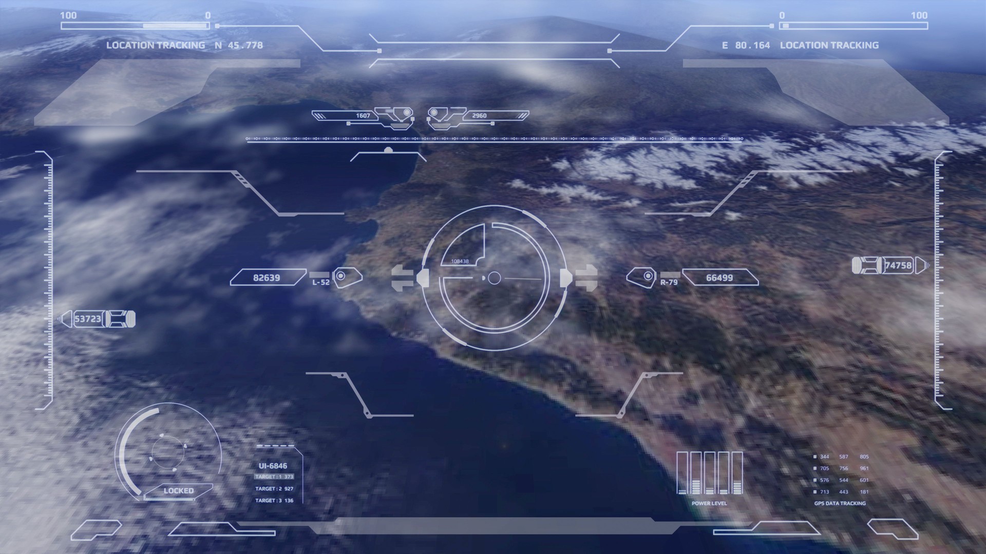 Aerial view HUD digital futuristic surveillance monitor screen display.